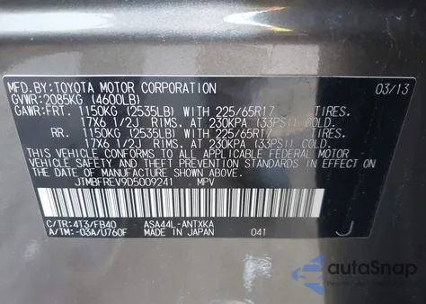 2013 Toyota Rav4 Le z USA, uszkodzony, nr VIN JTMBFREV9D5009241